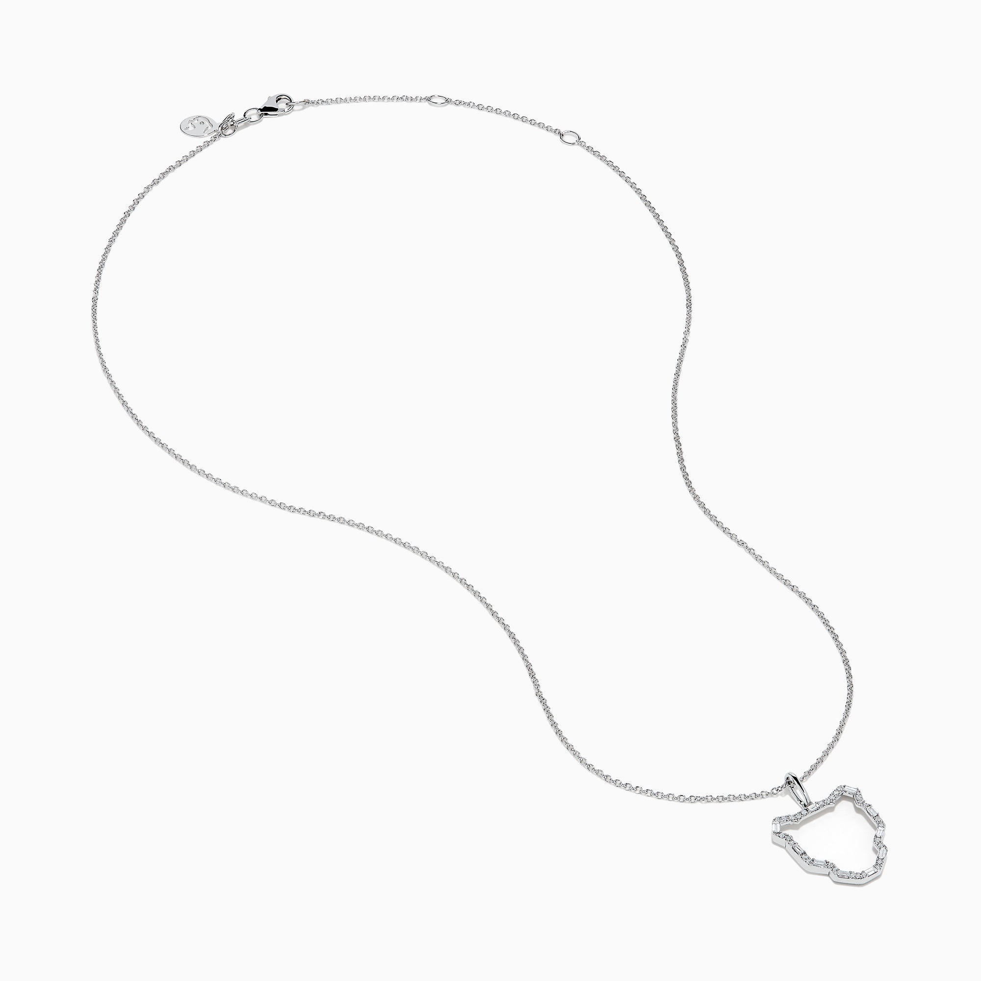 The Signature 14K White Gold Multi Shape Diamond Panther Outline Pendant is a delicate necklace featuring a panther-shaped outline adorned with sparkling multi-shape diamonds.