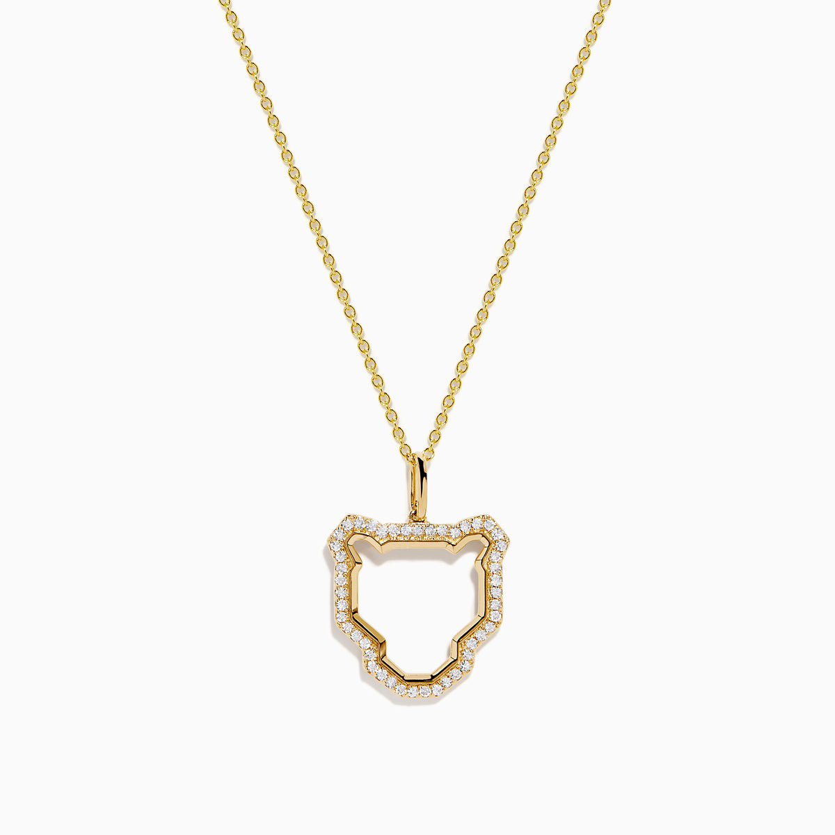 The Signature 14K Yellow Gold Diamond Sculpted Panther Outline Pendant features a panther-shaped pendant with diamond accents along the edges, suspended from a delicate gold chain.