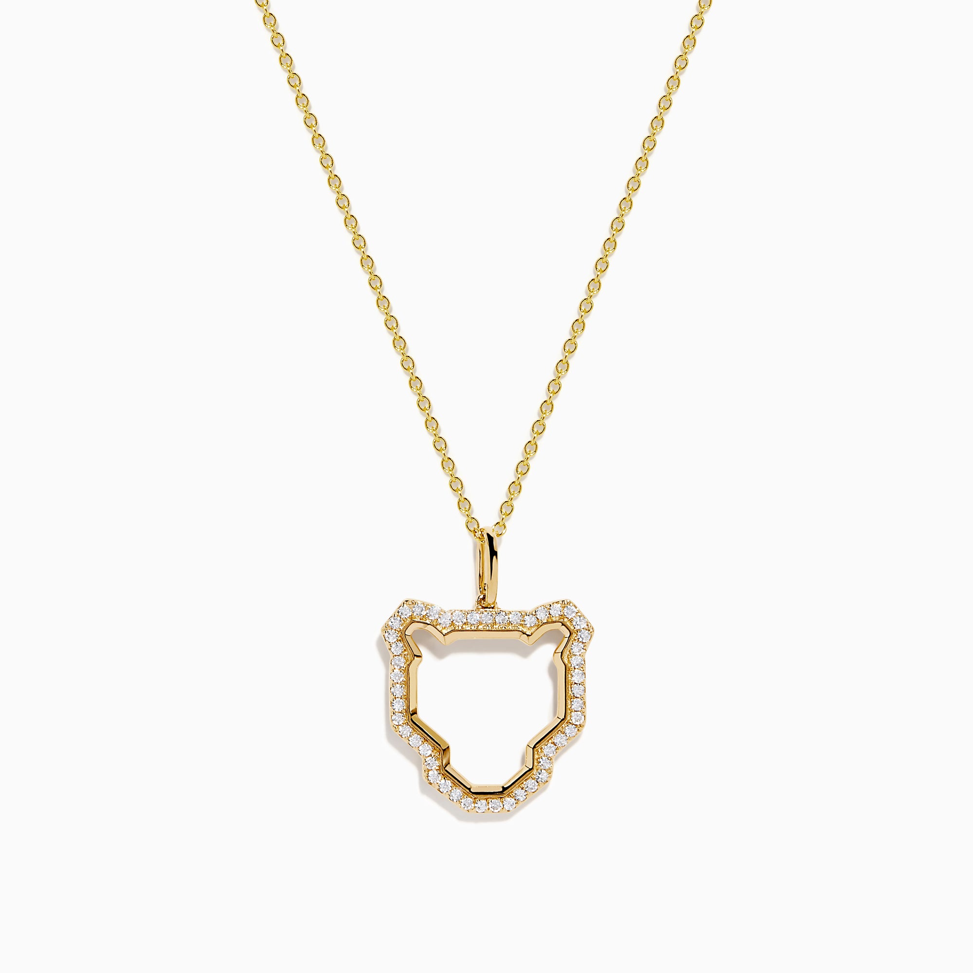 The Signature 14K Yellow Gold Diamond Sculpted Panther Outline Pendant features a panther-shaped pendant with diamond accents along the edges, suspended from a delicate gold chain.