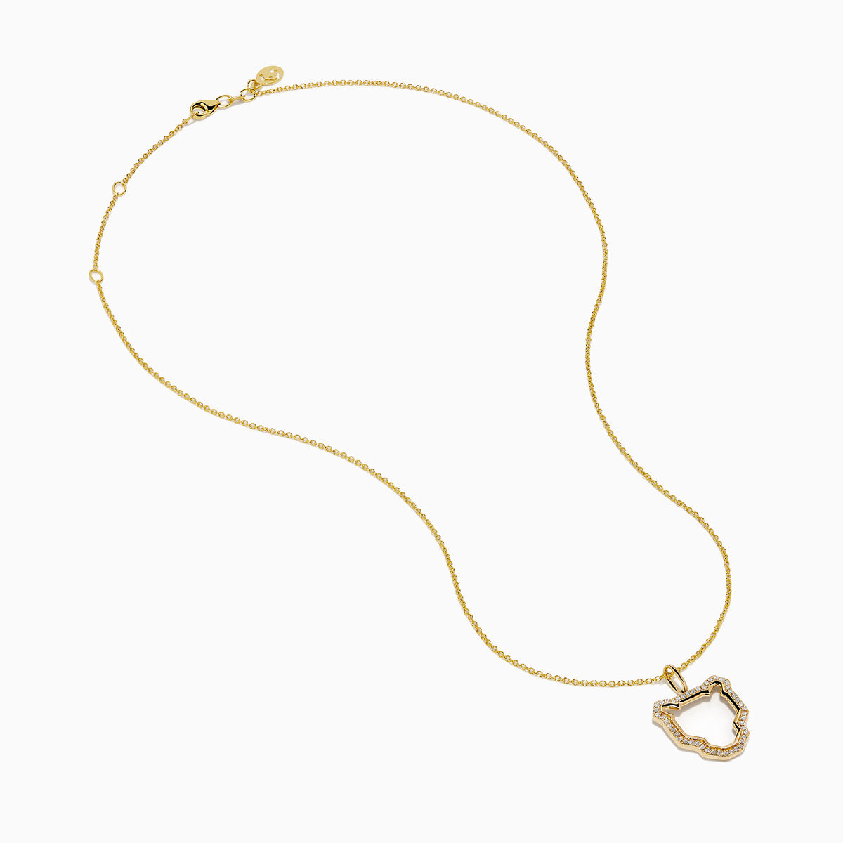 The Signature 14K Yellow Gold Diamond Sculpted Panther Outline Pendant features a panther-shaped pendant with diamond accents along the edges, suspended from a delicate gold chain.
