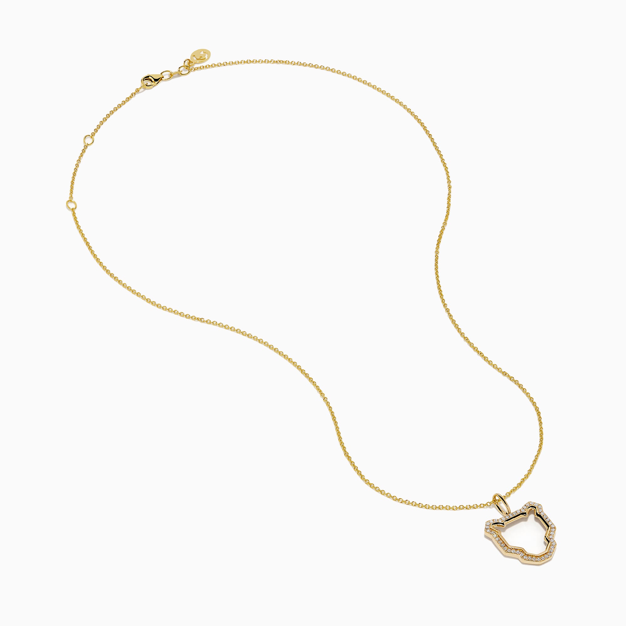 The Signature 14K Yellow Gold Diamond Sculpted Panther Outline Pendant features a panther-shaped pendant with diamond accents along the edges, suspended from a delicate gold chain.
