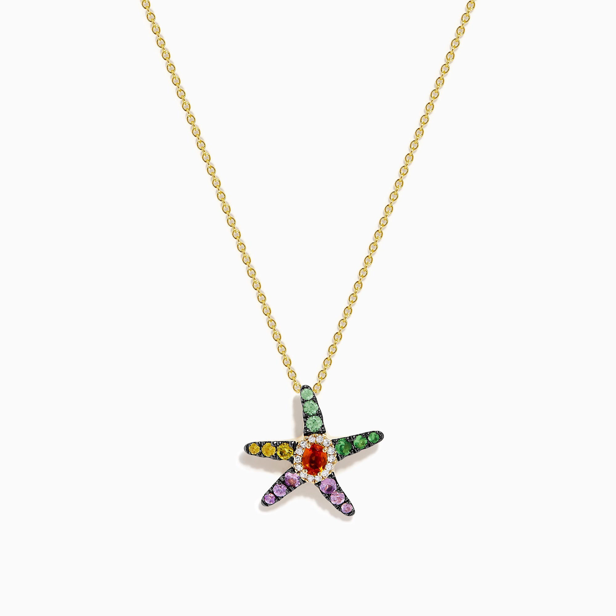 Watercolors 14K Gold Multi Sapphire, Orange Sapphire and Diamond Starfish Pendant