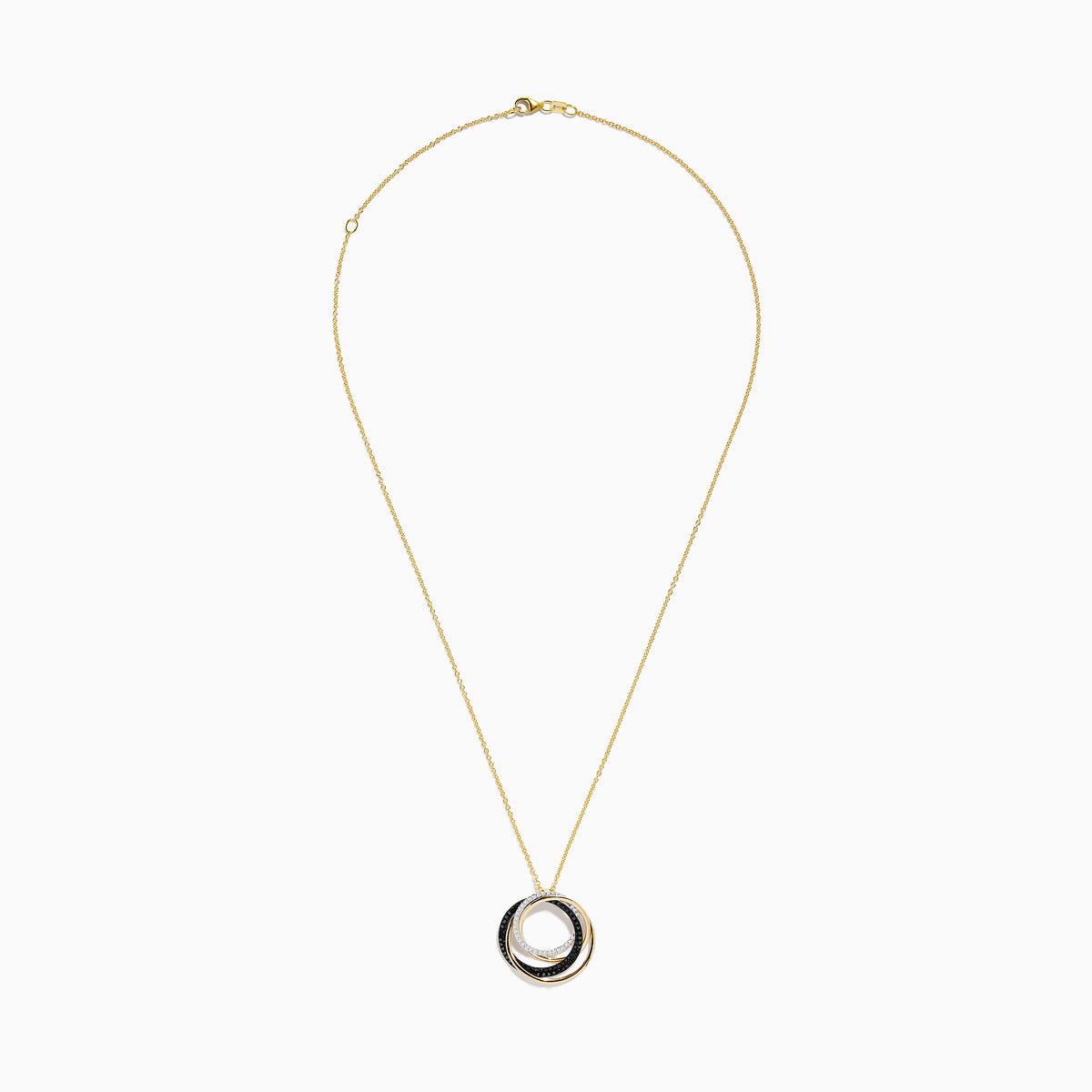 A delicate 14K yellow gold necklace with a round pendant showcasing interlocking gold and black diamond circles, accented by a sparkling diamond, displayed on a plain white background.
