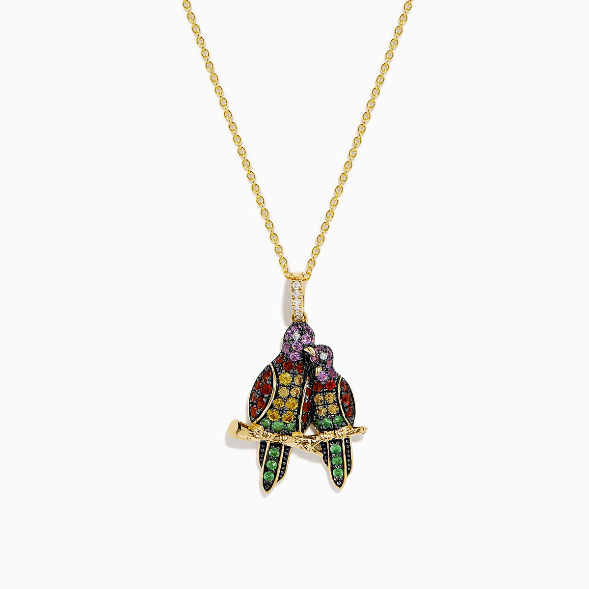 Watercolors 14K Yellow Gold Multi Sapphire and Diamond Lovebirds Pendant