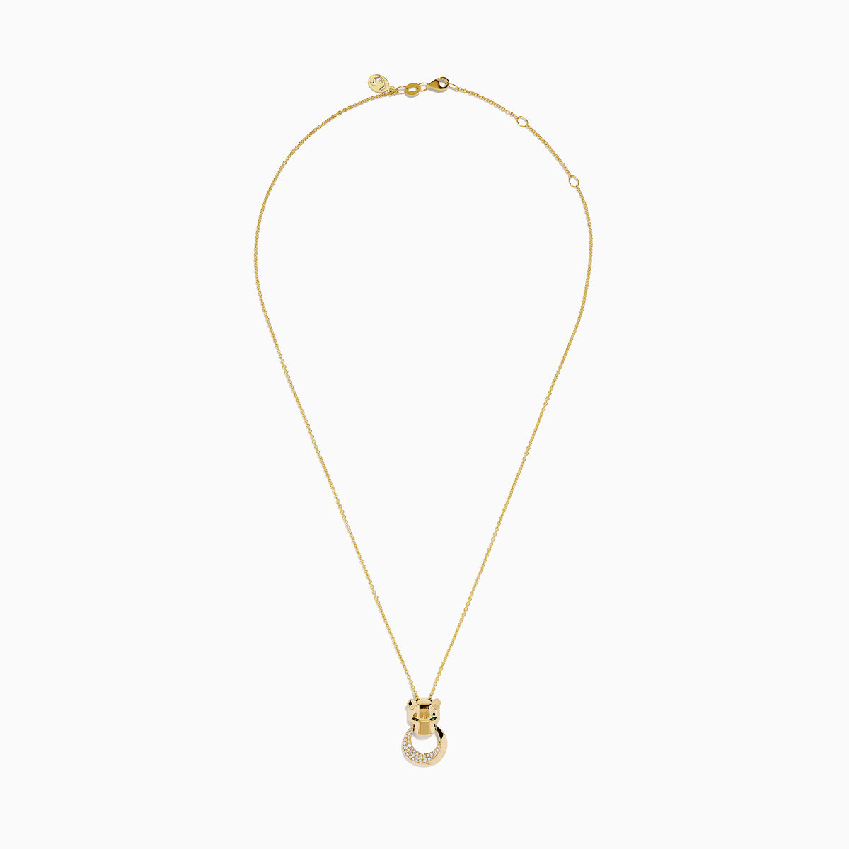 The Signature 14K Yellow Gold Diamond and Emerald Panther Pendant features a stylized panther head with green gemstone eyes and a circular ring adorned with sparkling diamonds.