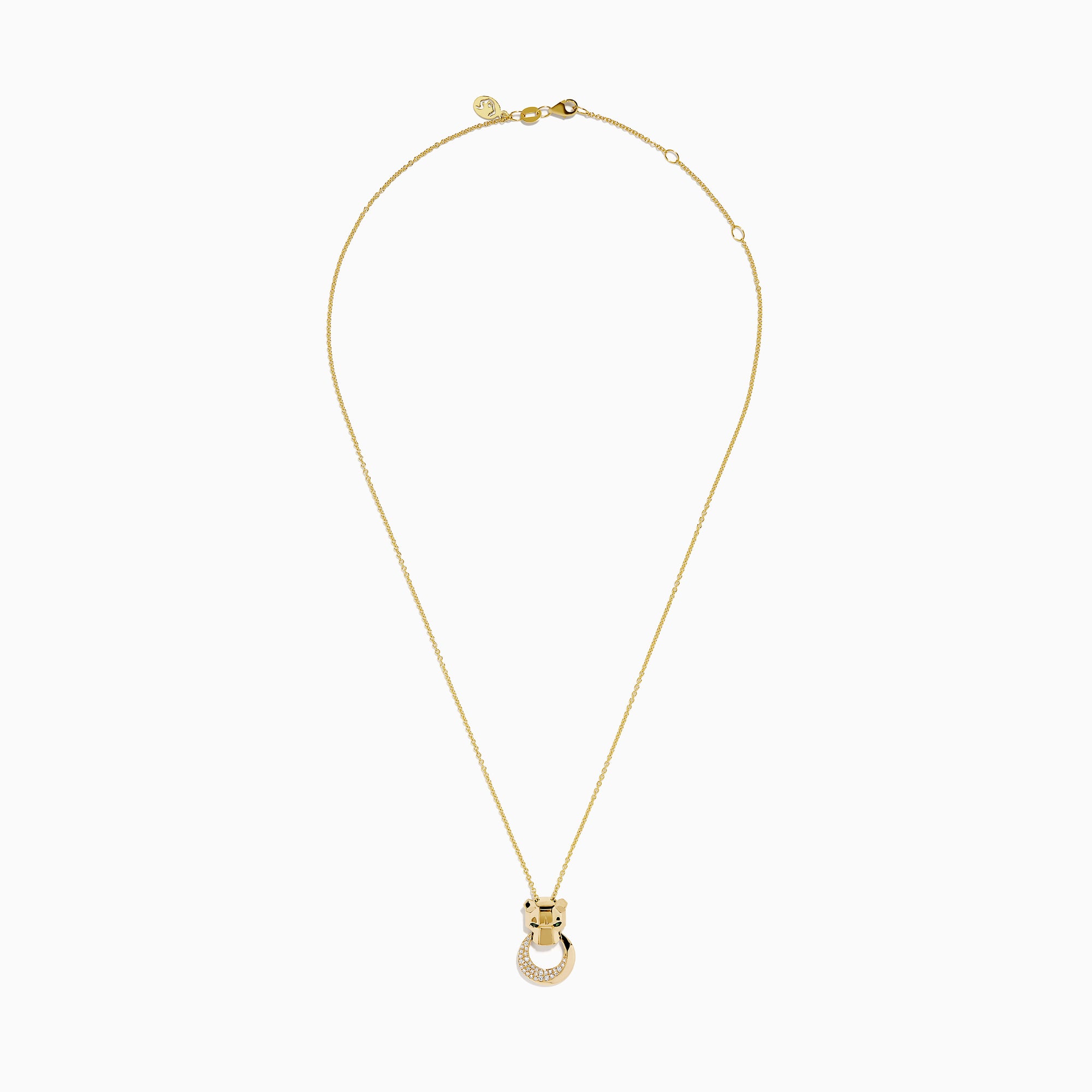 The Signature 14K Yellow Gold Diamond and Emerald Panther Pendant features a stylized panther head with green gemstone eyes and a circular ring adorned with sparkling diamonds.