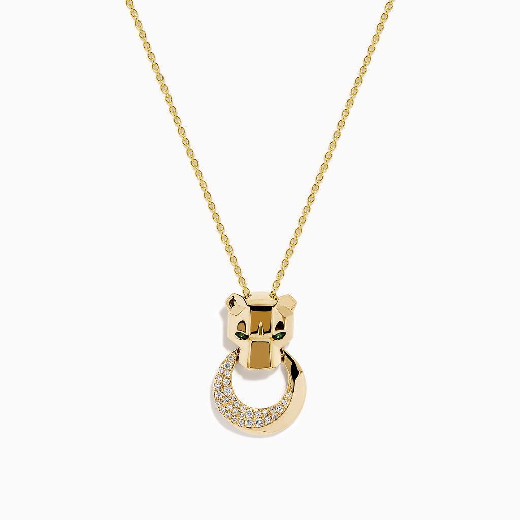 The Signature 14K Yellow Gold Diamond and Emerald Panther Pendant features a stylized panther head with green gemstone eyes and a circular ring adorned with sparkling diamonds.