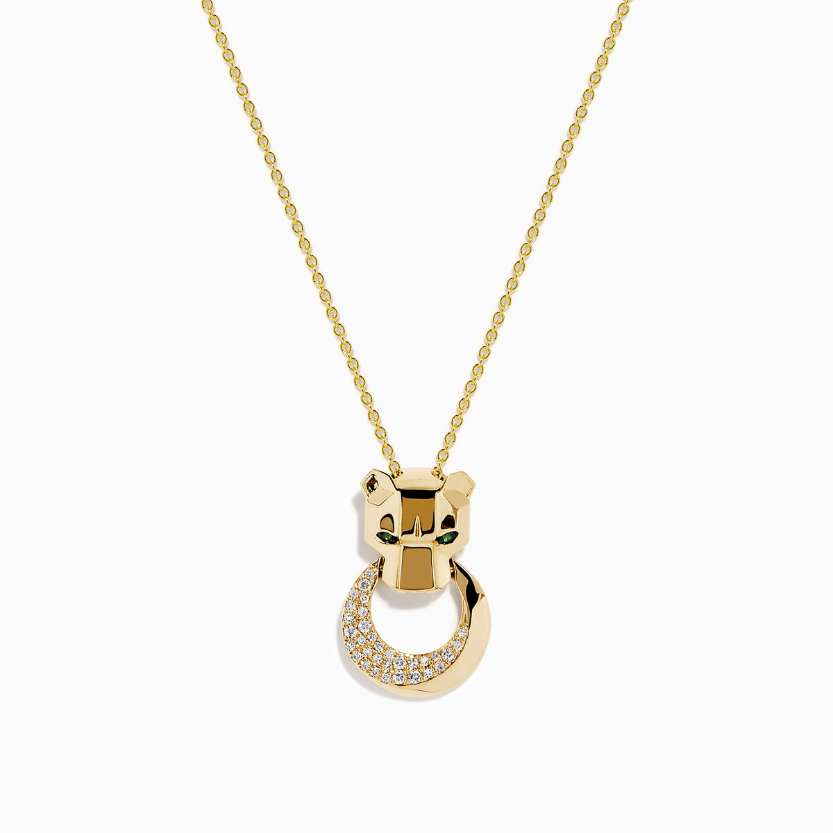 The Signature 14K Yellow Gold Diamond and Emerald Panther Pendant features a stylized panther head with green gemstone eyes and a circular ring adorned with sparkling diamonds.