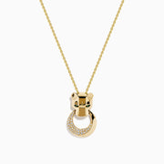 The Signature 14K Yellow Gold Diamond and Emerald Panther Pendant features a stylized panther head with green gemstone eyes and a circular ring adorned with sparkling diamonds.