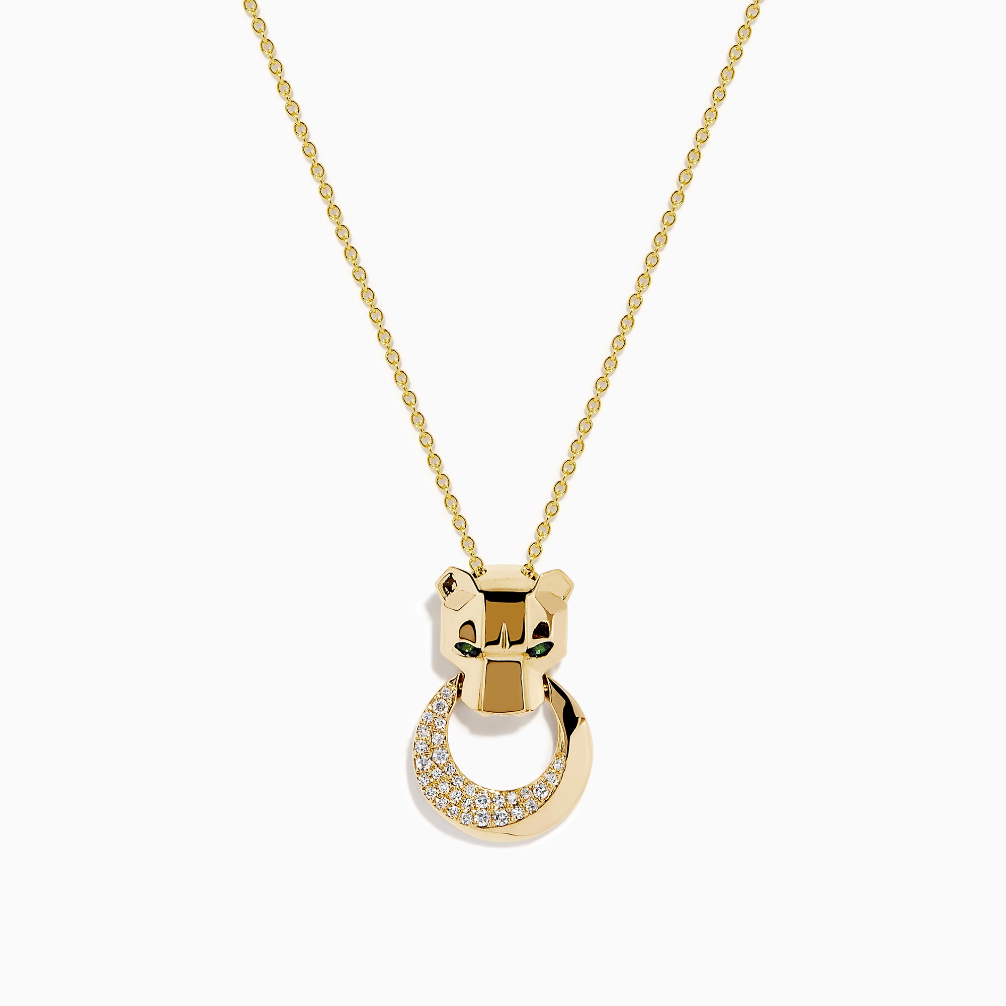 The Signature 14K Yellow Gold Diamond and Emerald Panther Pendant features a stylized panther head with green gemstone eyes and a circular ring adorned with sparkling diamonds.