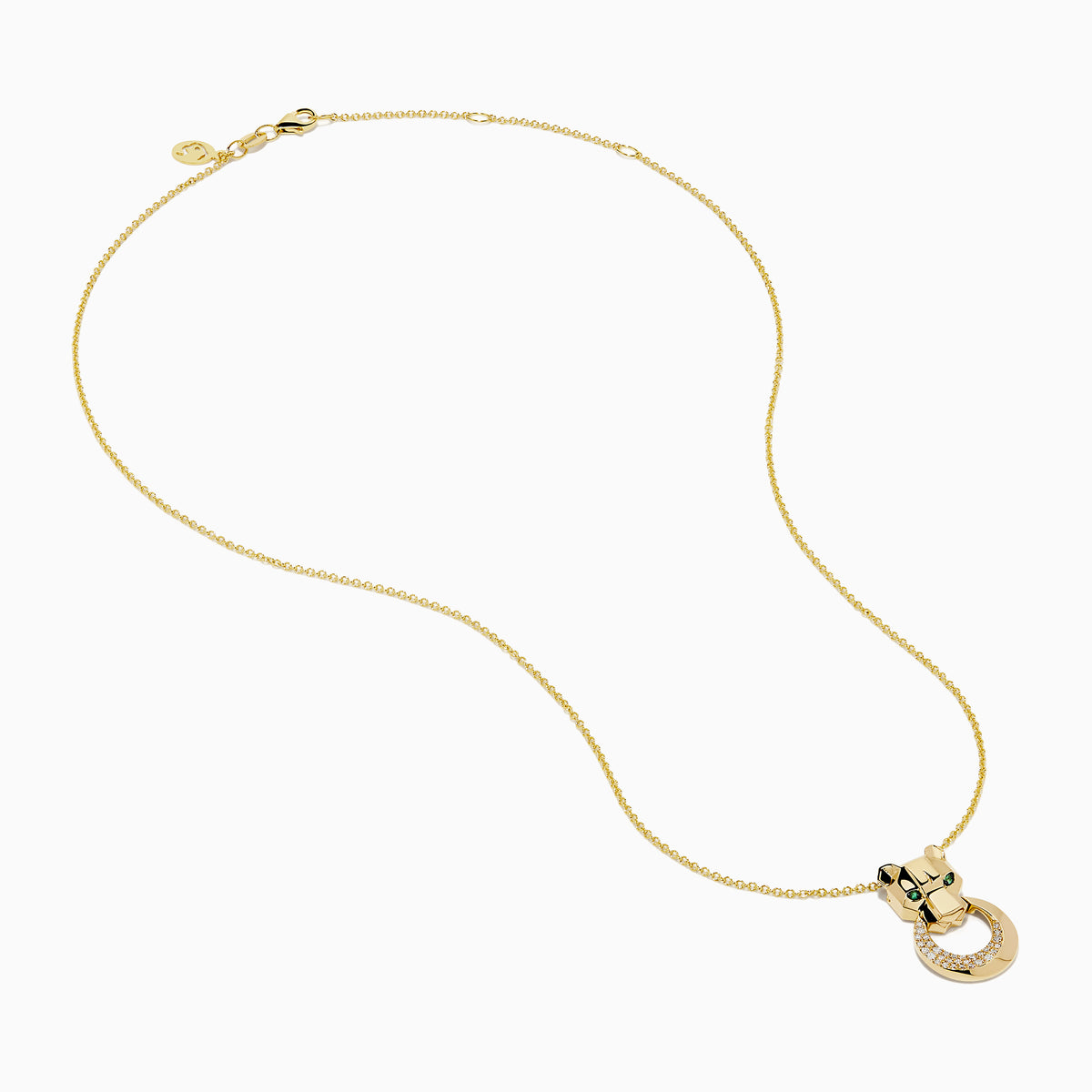 The Signature 14K Yellow Gold Diamond and Emerald Panther Pendant features a stylized panther head with green gemstone eyes and a circular ring adorned with sparkling diamonds.