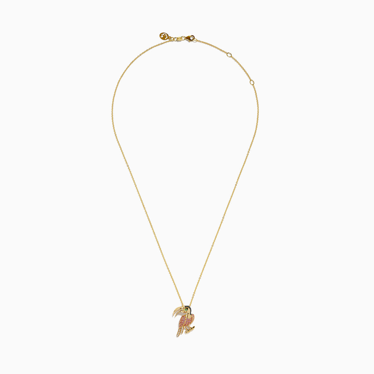 The 14K Yellow Gold Pink Sapphire and Diamond Pave Toucan Pendant features a parrot-shaped toucan with pink sapphire, diamond accents, a gold beak and claws, all on a fine yellow gold chain.