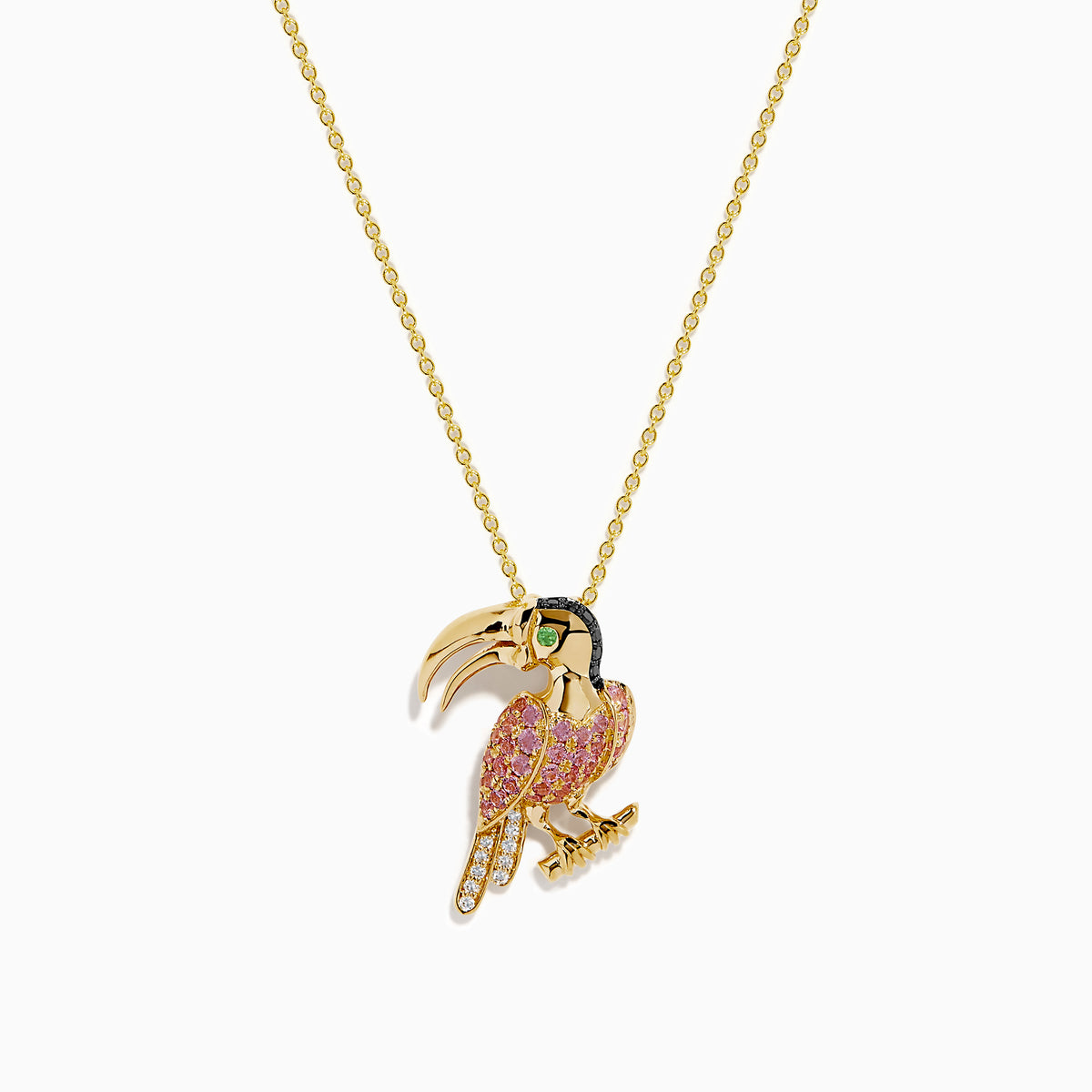 The 14K Yellow Gold Pink Sapphire and Diamond Pave Toucan Pendant features a parrot-shaped toucan with pink sapphire, diamond accents, a gold beak and claws, all on a fine yellow gold chain.