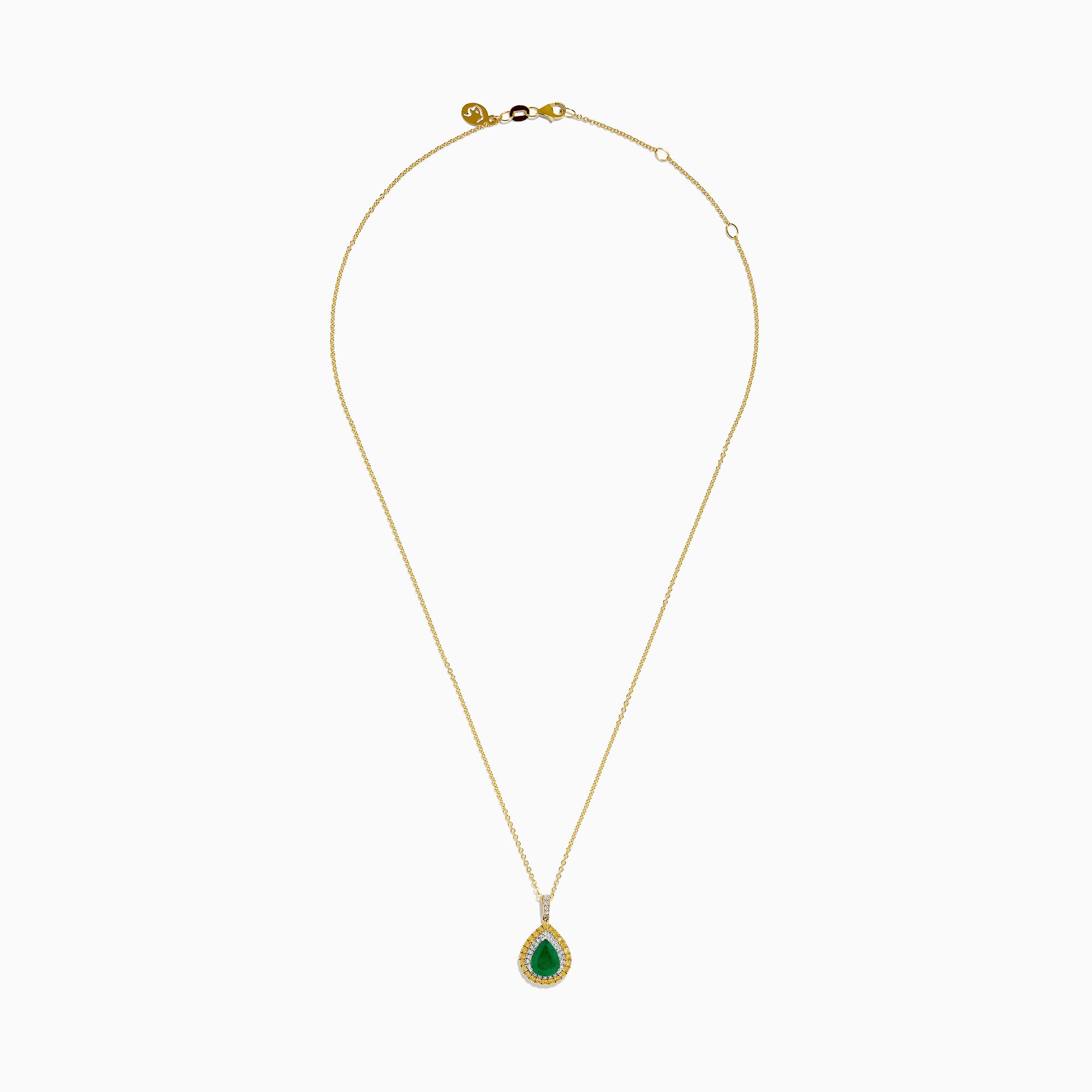 The 14K Two Tone Emerald Double Halo Pendant features a teardrop-shaped emerald accented by yellow and white diamonds on a gold chain.