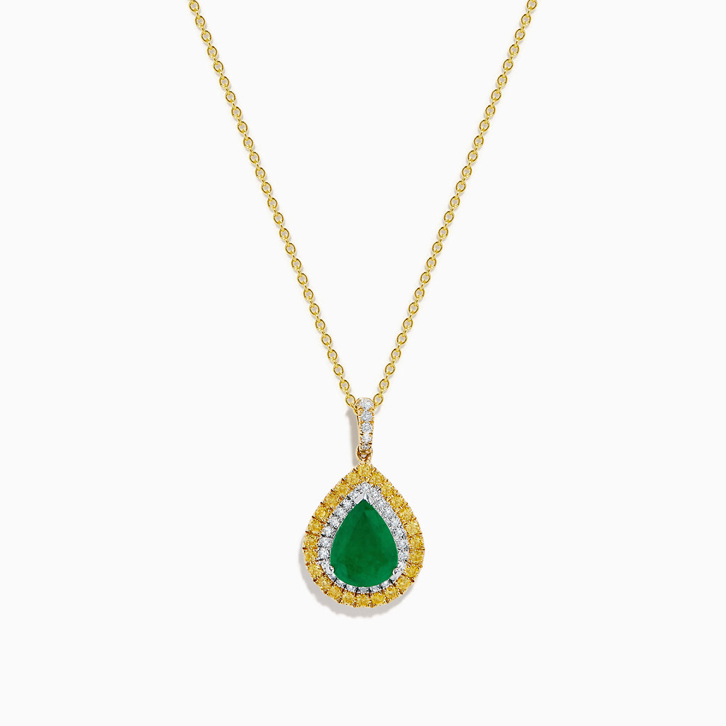 The 14K Two Tone Emerald Double Halo Pendant features a teardrop-shaped emerald accented by yellow and white diamonds on a gold chain.