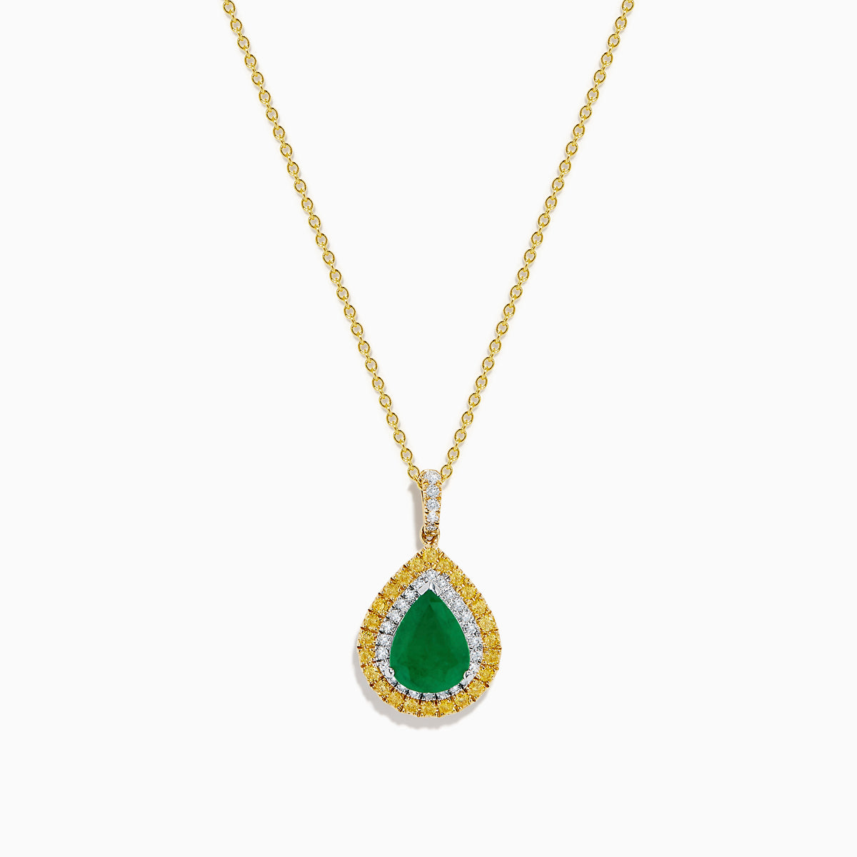 The 14K Two Tone Emerald Double Halo Pendant features a teardrop-shaped emerald accented by yellow and white diamonds on a gold chain.