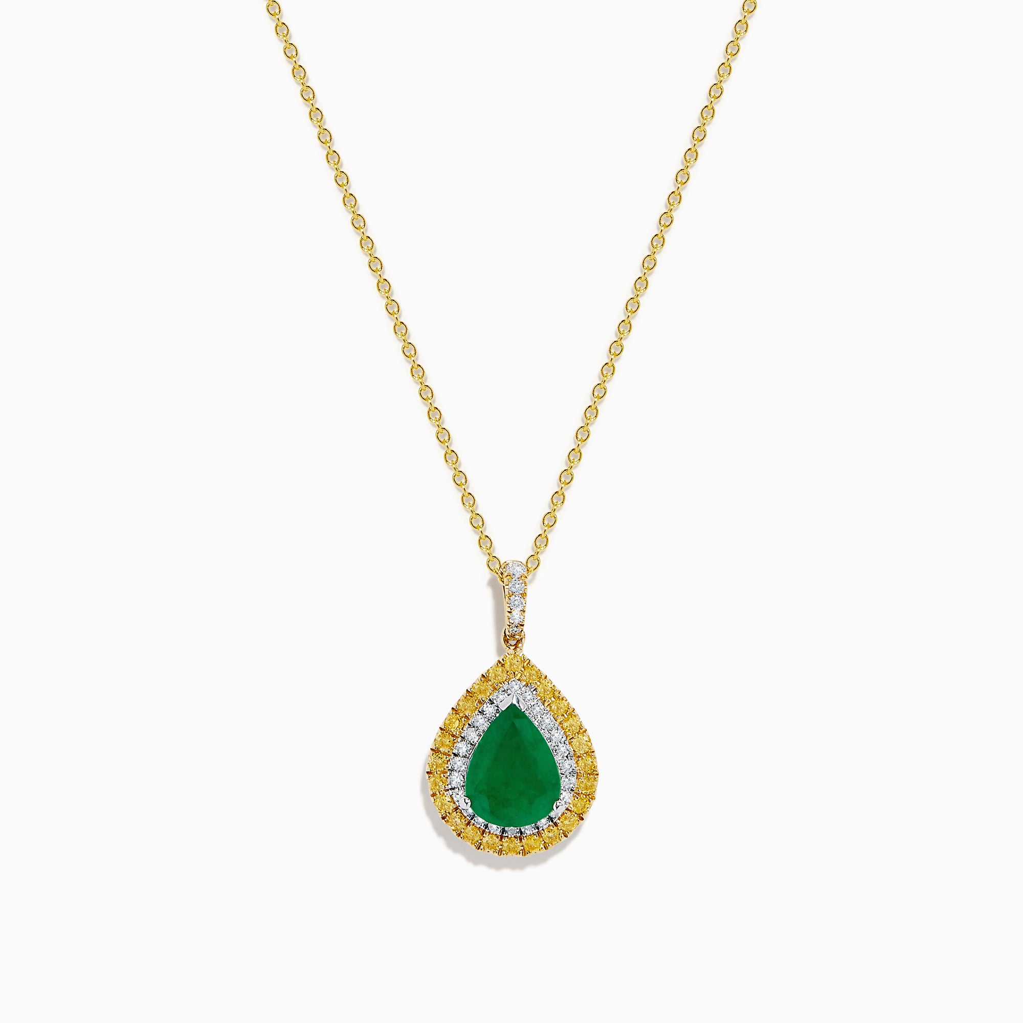 The 14K Two Tone Emerald Double Halo Pendant features a teardrop-shaped emerald accented by yellow and white diamonds on a gold chain.