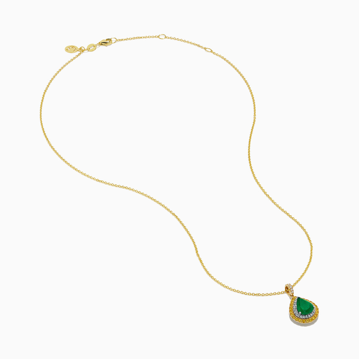 The 14K Two Tone Emerald Double Halo Pendant features a teardrop-shaped emerald accented by yellow and white diamonds on a gold chain.