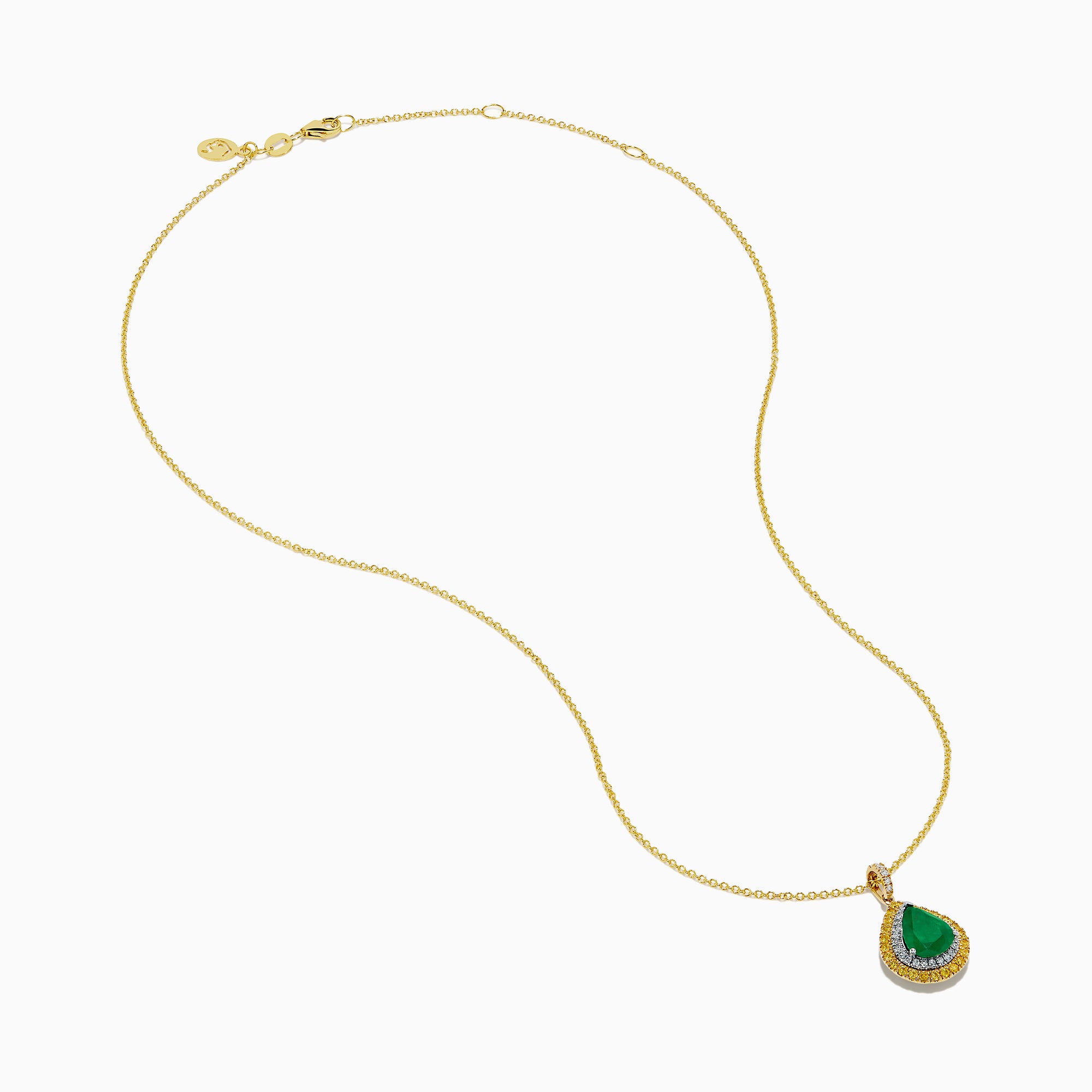 The 14K Two Tone Emerald Double Halo Pendant features a teardrop-shaped emerald accented by yellow and white diamonds on a gold chain.