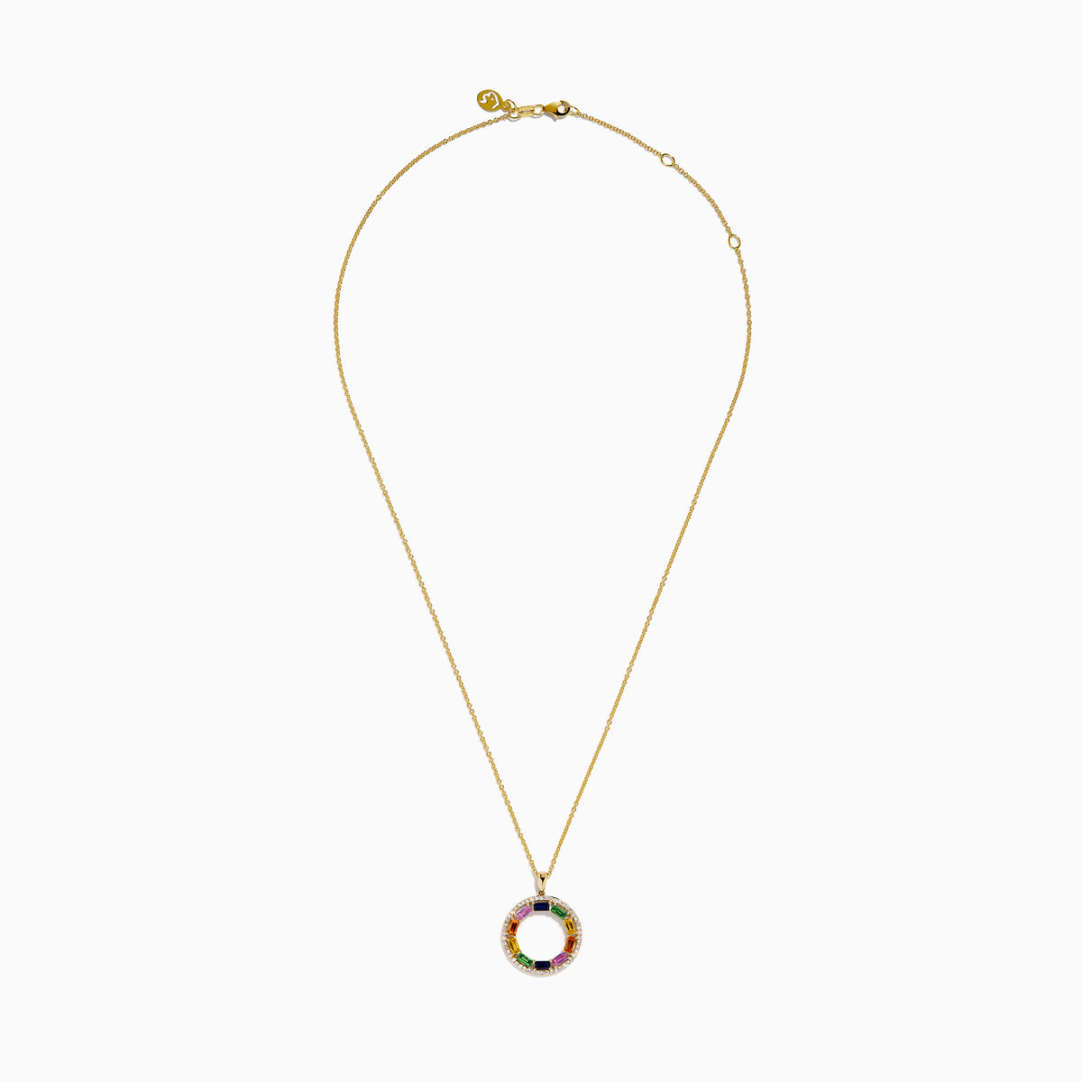 The Watercolors 14K Yellow Gold Multi Sapphire and Diamond Circle Pendant features a vibrant rainbow of rectangular sapphires and sparkling diamonds in a circular design.