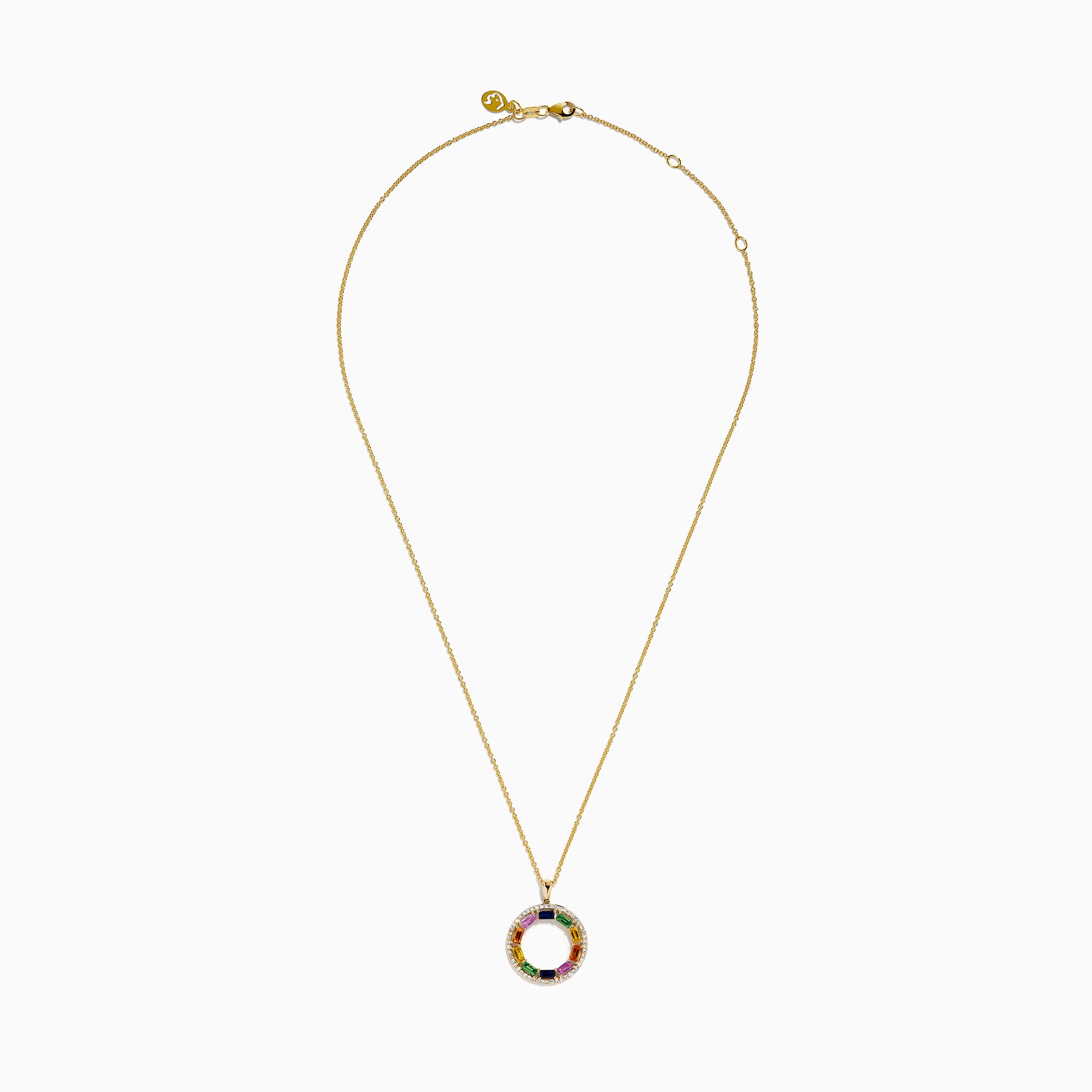 The Watercolors 14K Yellow Gold Multi Sapphire and Diamond Circle Pendant features a vibrant rainbow of rectangular sapphires and sparkling diamonds in a circular design.