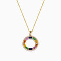 The Watercolors 14K Yellow Gold Multi Sapphire and Diamond Circle Pendant features a vibrant rainbow of rectangular sapphires and sparkling diamonds in a circular design.