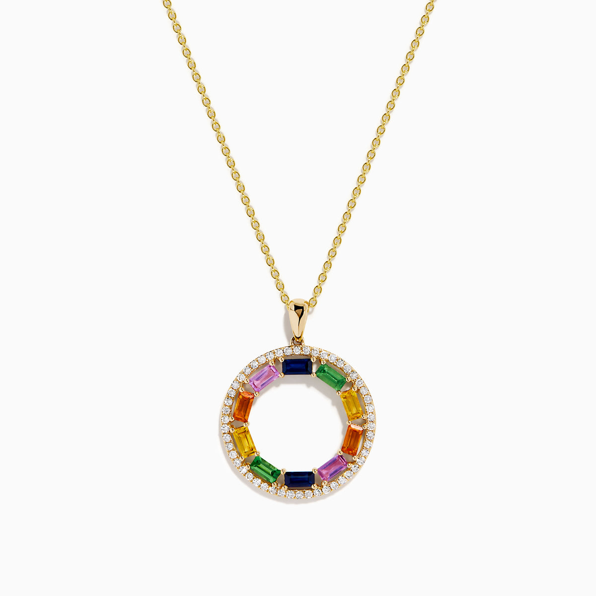 The Watercolors 14K Yellow Gold Multi Sapphire and Diamond Circle Pendant features a vibrant rainbow of rectangular sapphires and sparkling diamonds in a circular design.