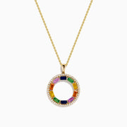 The Watercolors 14K Yellow Gold Multi Sapphire and Diamond Circle Pendant features a vibrant rainbow of rectangular sapphires and sparkling diamonds in a circular design.