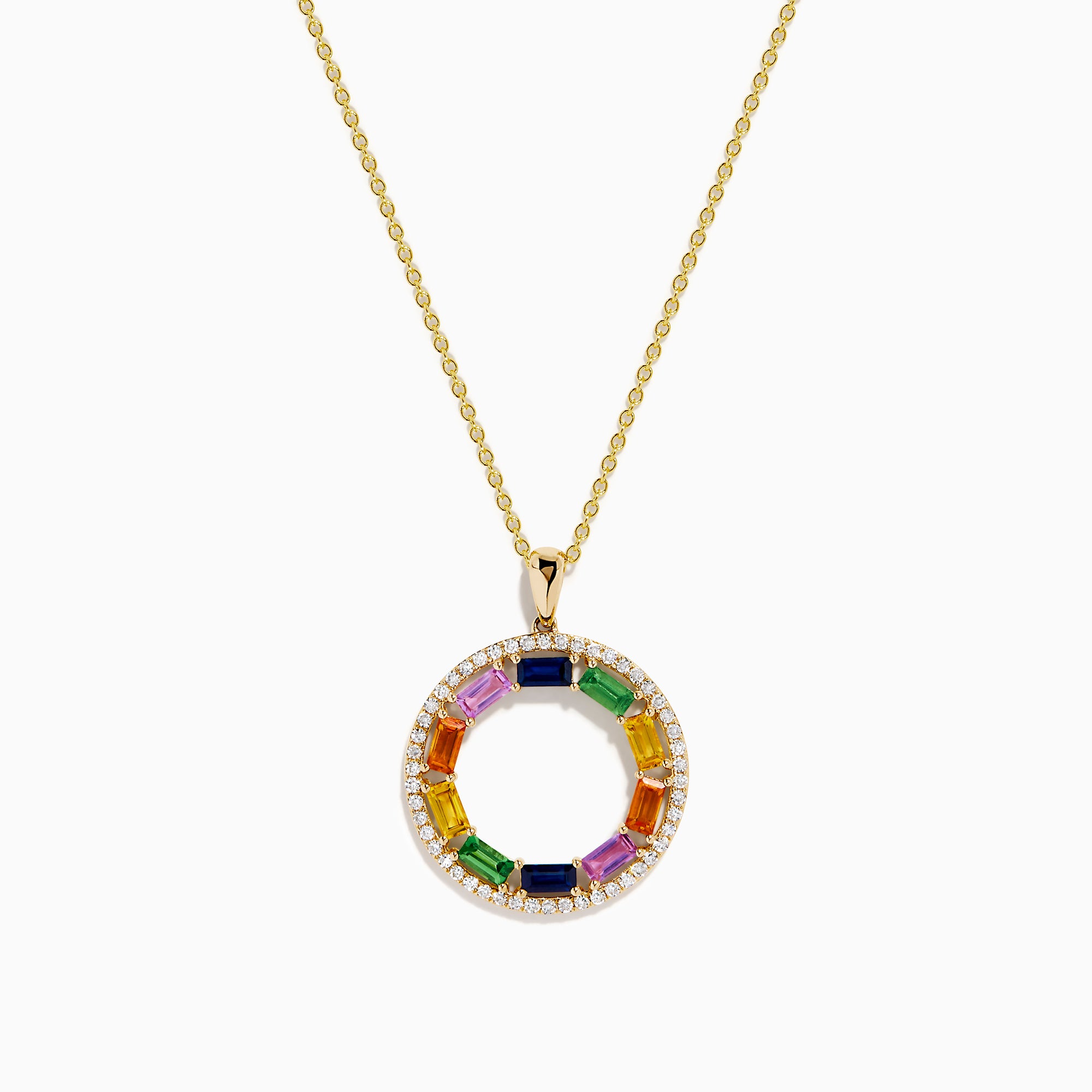 The Watercolors 14K Yellow Gold Multi Sapphire and Diamond Circle Pendant features a vibrant rainbow of rectangular sapphires and sparkling diamonds in a circular design.