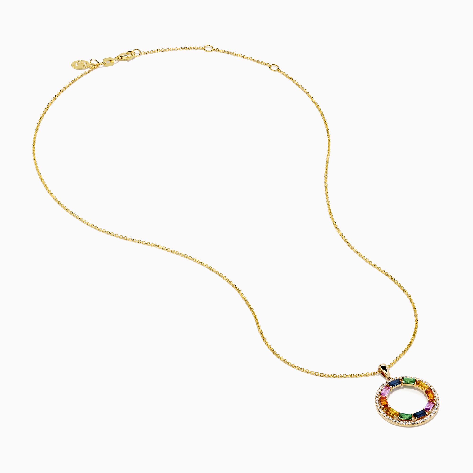The Watercolors 14K Yellow Gold Multi Sapphire and Diamond Circle Pendant features a vibrant rainbow of rectangular sapphires and sparkling diamonds in a circular design.