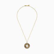 The DOro 14K Yellow Gold Diamond Circle Pendant features a large sunburst design with sparkling diamonds and an open center that adds elegant style.