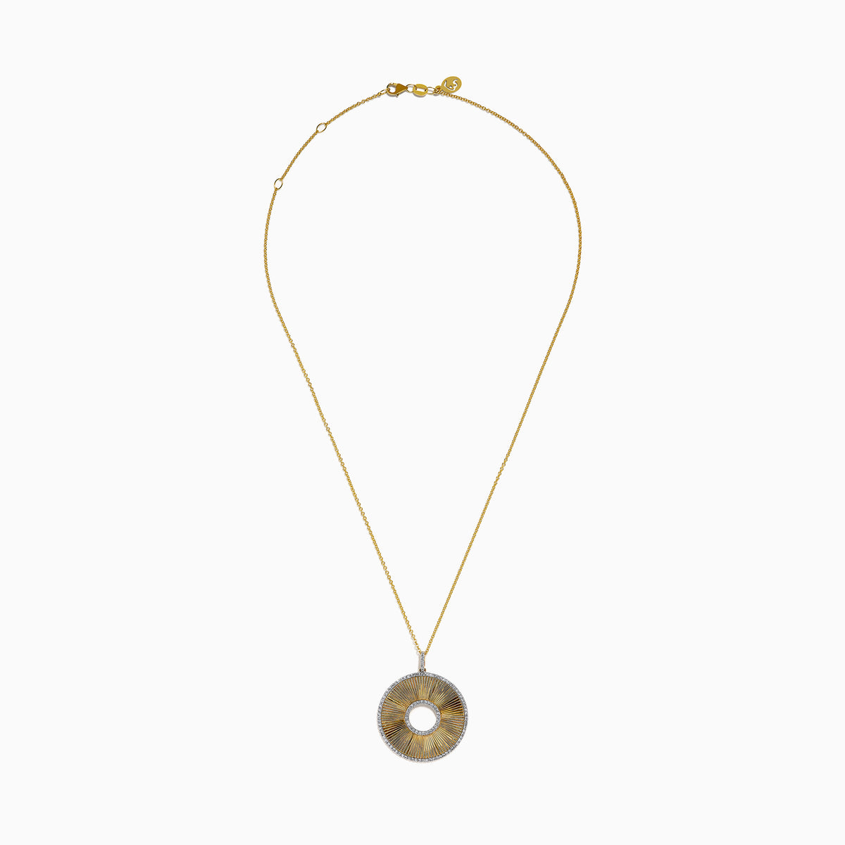 The DOro 14K Yellow Gold Diamond Circle Pendant features a large sunburst design with sparkling diamonds and an open center that adds elegant style.