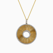 The DOro 14K Yellow Gold Diamond Circle Pendant features a large sunburst design with sparkling diamonds and an open center that adds elegant style.