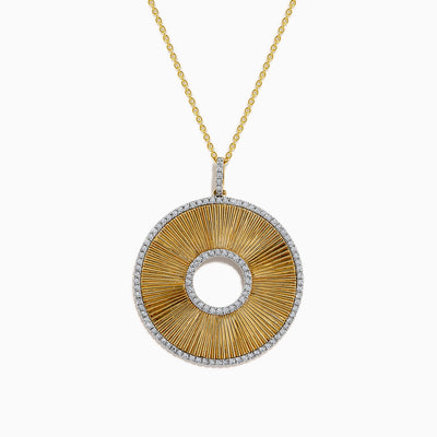 The DOro 14K Yellow Gold Diamond Circle Pendant features a large sunburst design with sparkling diamonds and an open center that adds elegant style.