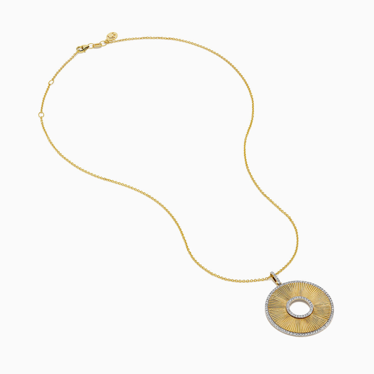 The DOro 14K Yellow Gold Diamond Circle Pendant features a large sunburst design with sparkling diamonds and an open center that adds elegant style.
