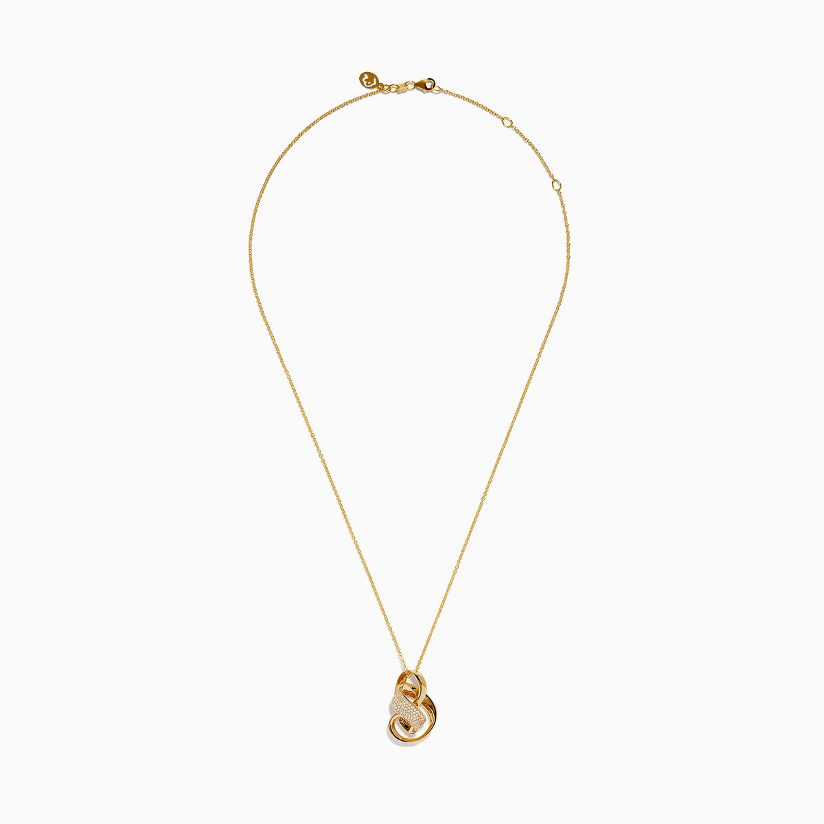 The D'oro 14K Yellow Gold Diamond Ribbon Pendant features intertwined loops—one adorned with sparkling diamonds, two in smooth gold—suspended from a fine gold chain and shown against a white background.