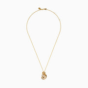 The D'oro 14K Yellow Gold Diamond Ribbon Pendant features intertwined loops—one adorned with sparkling diamonds, two in smooth gold—suspended from a fine gold chain and shown against a white background.