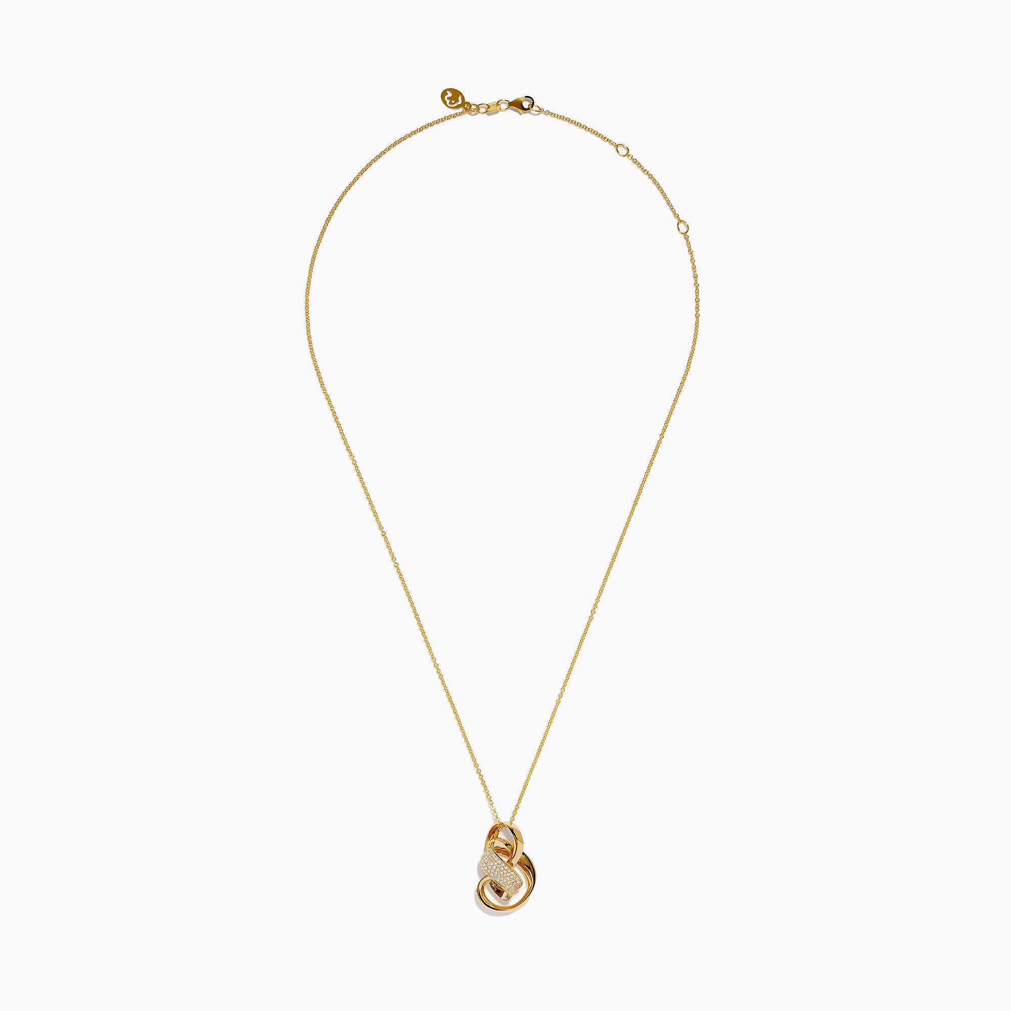 The D'oro 14K Yellow Gold Diamond Ribbon Pendant features intertwined loops—one adorned with sparkling diamonds, two in smooth gold—suspended from a fine gold chain and shown against a white background.