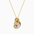 The D'oro 14K Yellow Gold Diamond Ribbon Pendant features intertwined loops—one adorned with sparkling diamonds, two in smooth gold—suspended from a fine gold chain and shown against a white background.