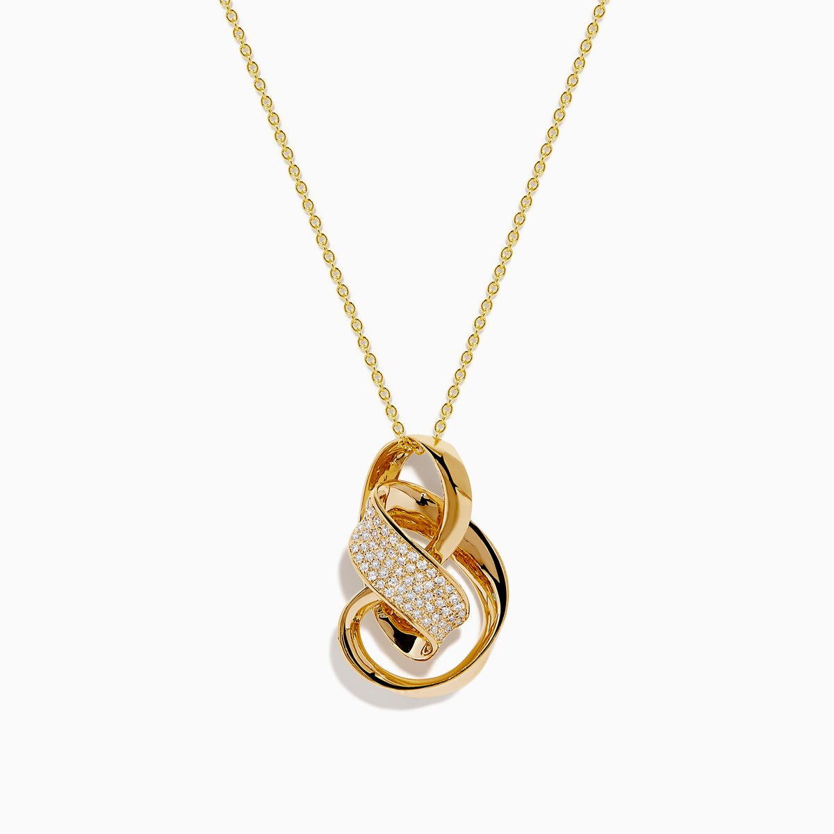 The D'oro 14K Yellow Gold Diamond Ribbon Pendant features intertwined loops—one adorned with sparkling diamonds, two in smooth gold—suspended from a fine gold chain and shown against a white background.