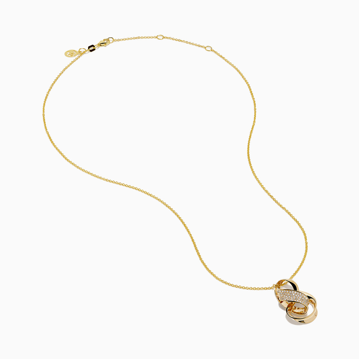 The D'oro 14K Yellow Gold Diamond Ribbon Pendant features intertwined loops—one adorned with sparkling diamonds, two in smooth gold—suspended from a fine gold chain and shown against a white background.