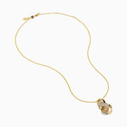 The D'oro 14K Yellow Gold Diamond Ribbon Pendant features intertwined loops—one adorned with sparkling diamonds, two in smooth gold—suspended from a fine gold chain and shown against a white background.