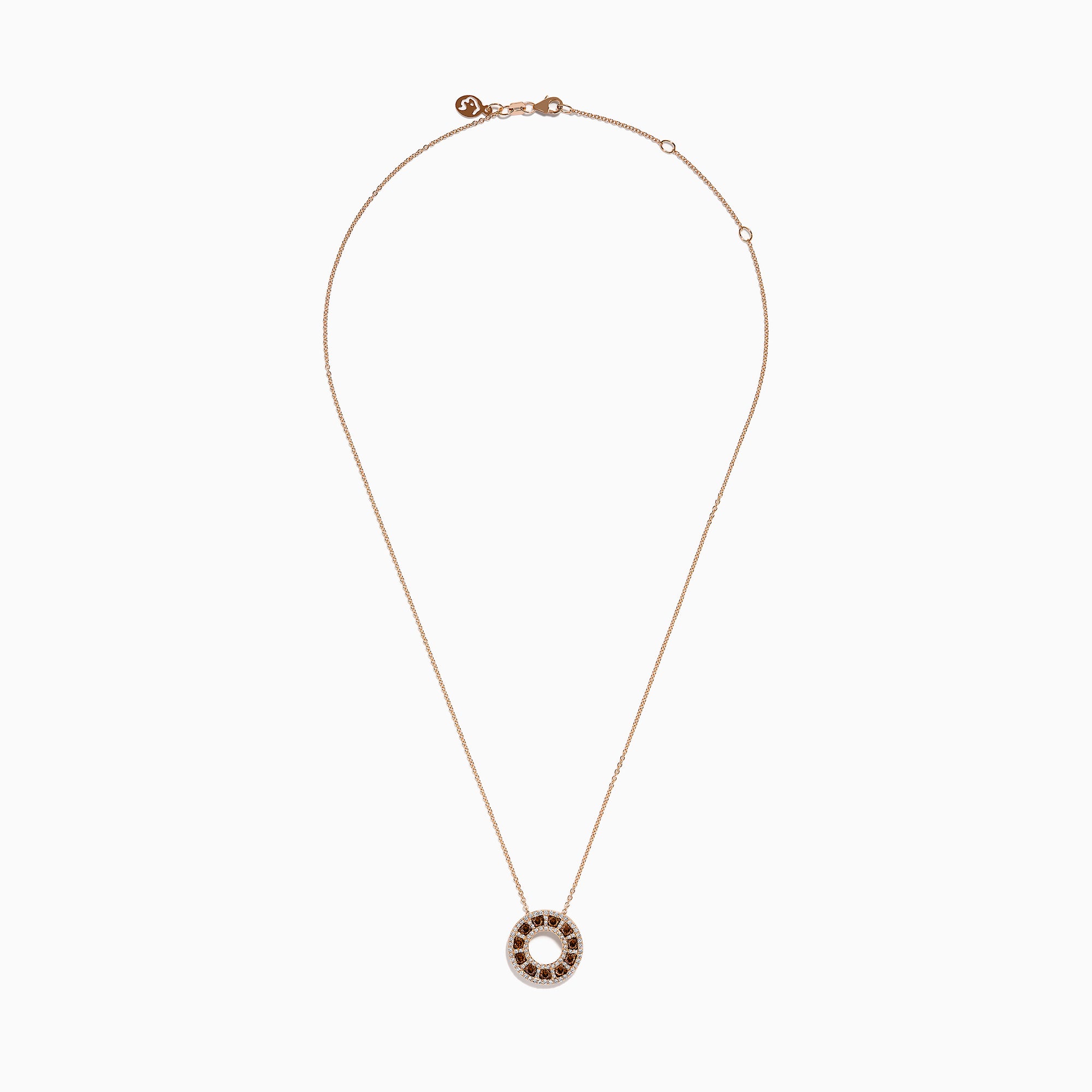 The 14K Rose Gold Brown and White Diamond Circle Pendant features alternating brown and white diamonds in a circle on a delicate gold chain, displayed against a white background.