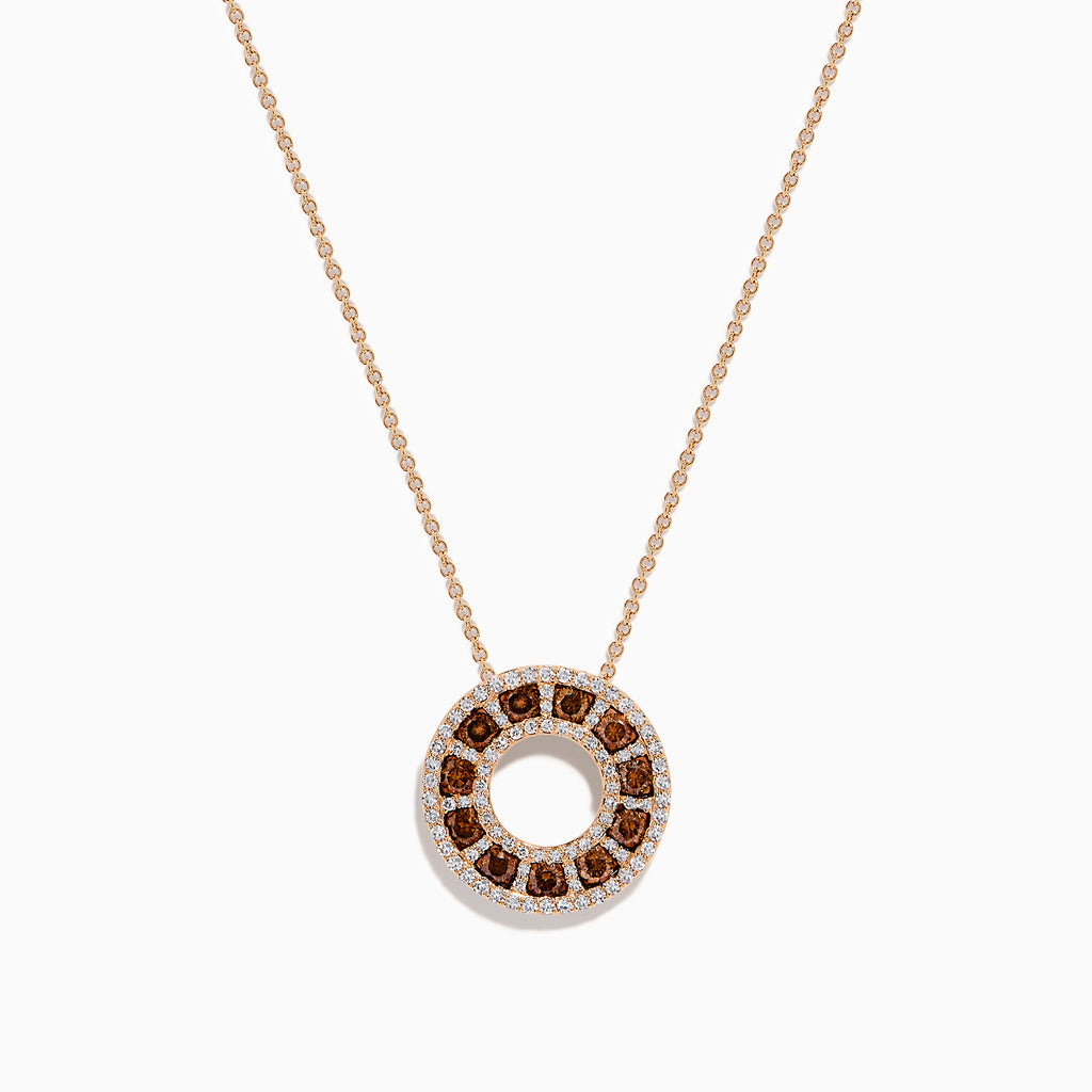 The 14K Rose Gold Brown and White Diamond Circle Pendant features alternating brown and white diamonds in a circle on a delicate gold chain, displayed against a white background.