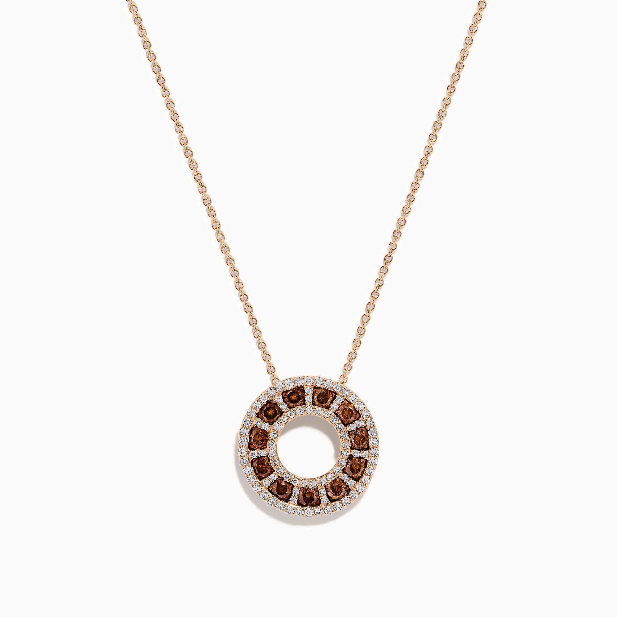 The 14K Rose Gold Brown and White Diamond Circle Pendant features alternating brown and white diamonds in a circle on a delicate gold chain, displayed against a white background.