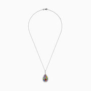 The Watercolors 14K White Gold Multi Sapphire Diamond Pendant features a teardrop design with multi sapphires and diamonds, hanging from a delicate silver chain, photographed on a white background.