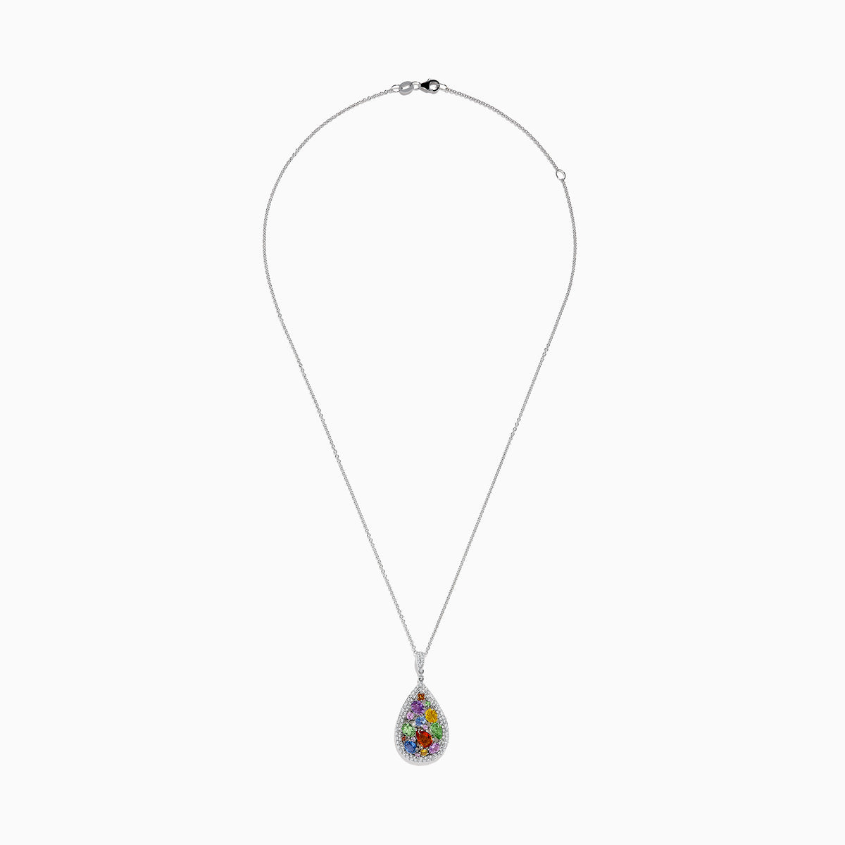 The Watercolors 14K White Gold Multi Sapphire Diamond Pendant features a teardrop design with multi sapphires and diamonds, hanging from a delicate silver chain, photographed on a white background.