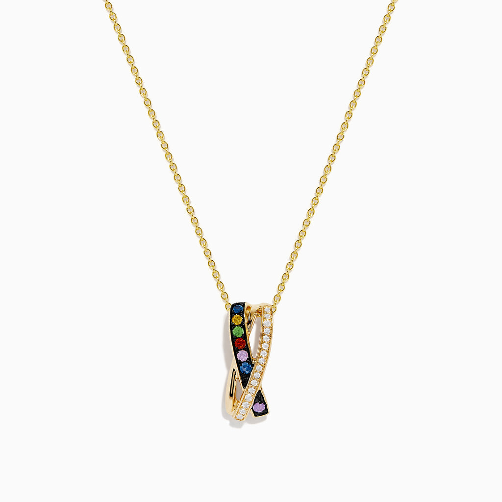 A Watercolors 14K yellow gold chain necklace with a pendant featuring multi sapphires on one side and diamonds on the other, set against a white background.
