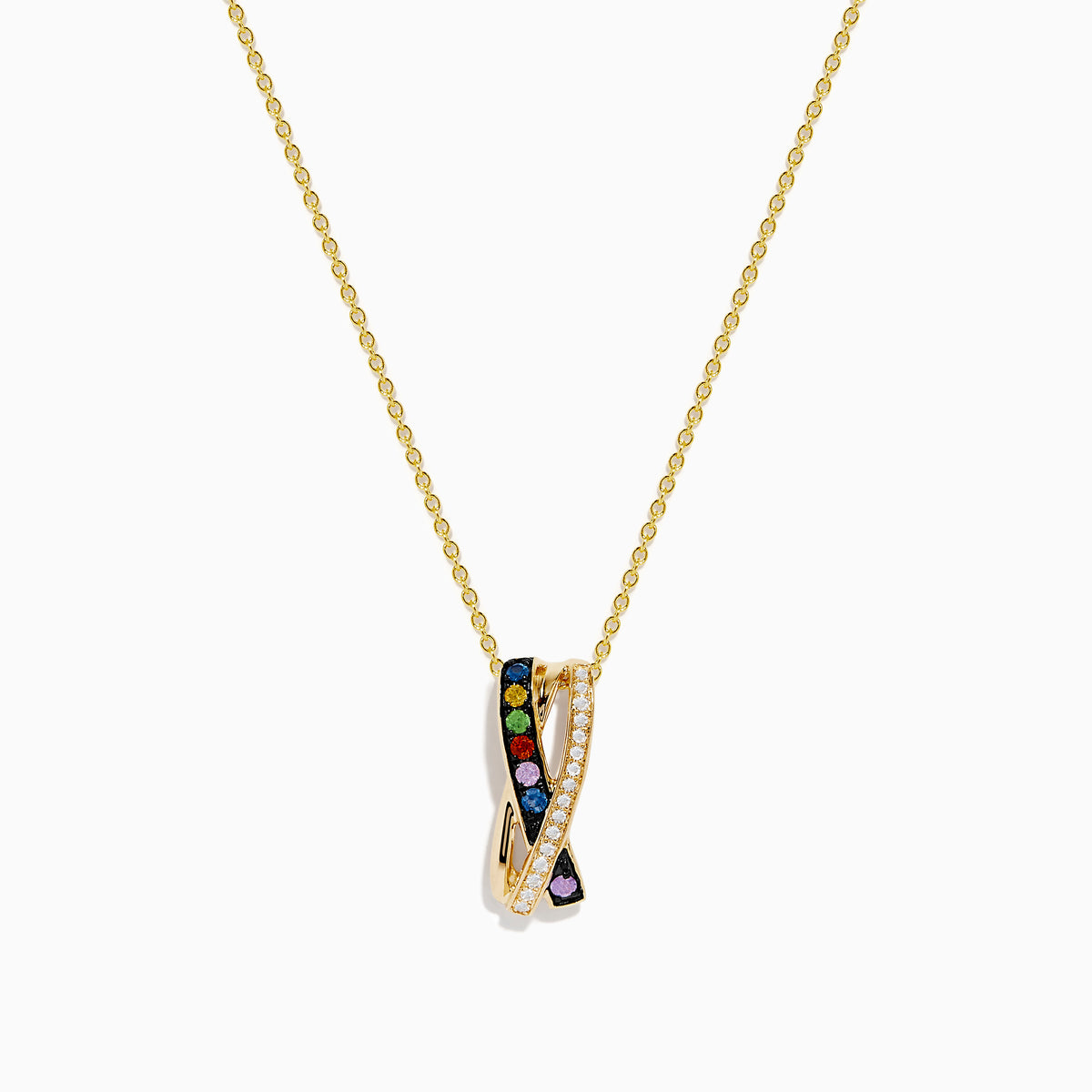 A Watercolors 14K yellow gold chain necklace with a pendant featuring multi sapphires on one side and diamonds on the other, set against a white background.