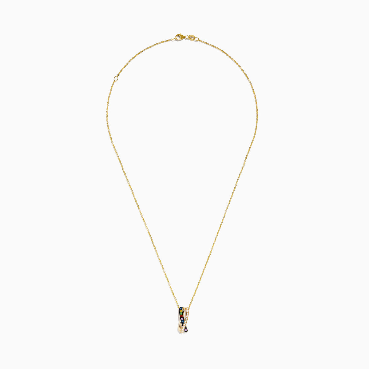 A Watercolors 14K yellow gold chain necklace with a pendant featuring multi sapphires on one side and diamonds on the other, set against a white background.